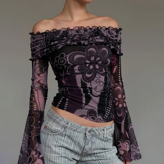 Damen Off-Shoulder Oberteil mit voluminösen Ärmeln und floralem Muster R&B
