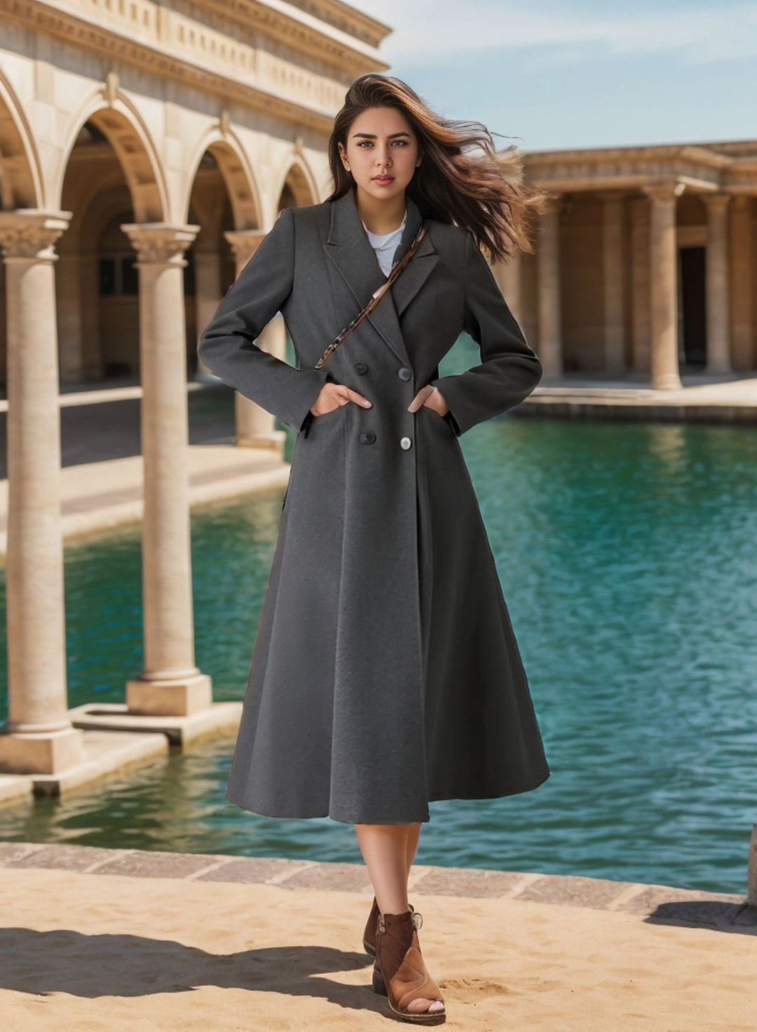 Damen eleganter Langmantel mit doppelter Knopfreihe und seitlichen Eingrifftaschen R&B