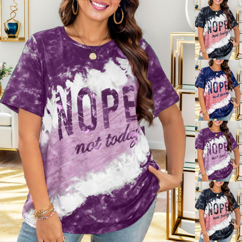 Damen lässiges T-Shirt mit kreativem Batikmuster und auffälligem Schriftzug R&B