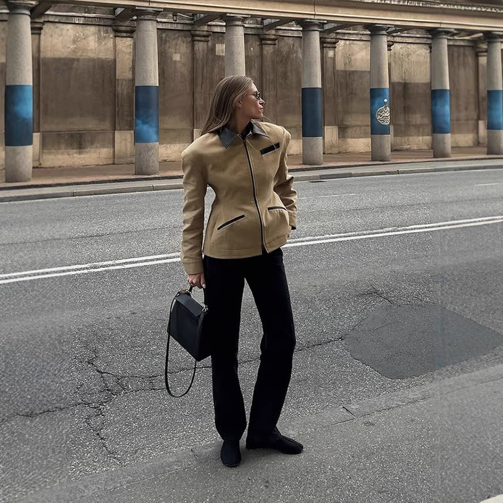 Damen lässige Übergangsjacke mit kontrastierendem Kragen und praktischen Taschen R&B