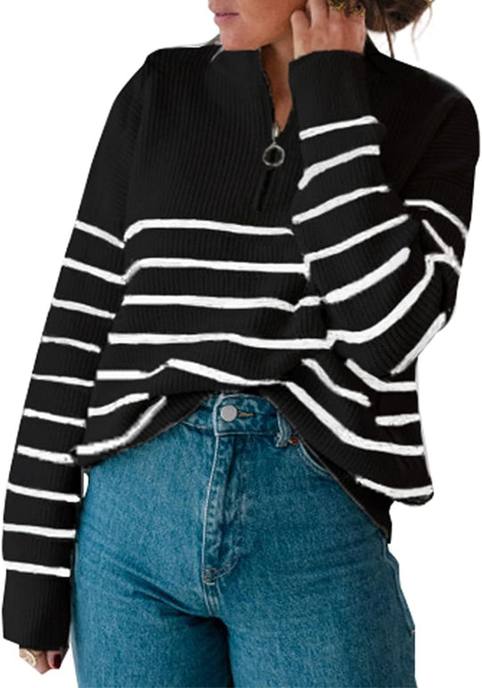 Damen lässiger Pullover mit kurzem Reißverschluss und Streifenmuster R&B