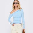 Damen Off-Shoulder Raffungsshirt mit langen Ärmeln und elegantem Design R&B
