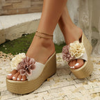 Damen Wedge-Pantoletten mit dekorativer Blumenapplikation und rutschfester Sohle