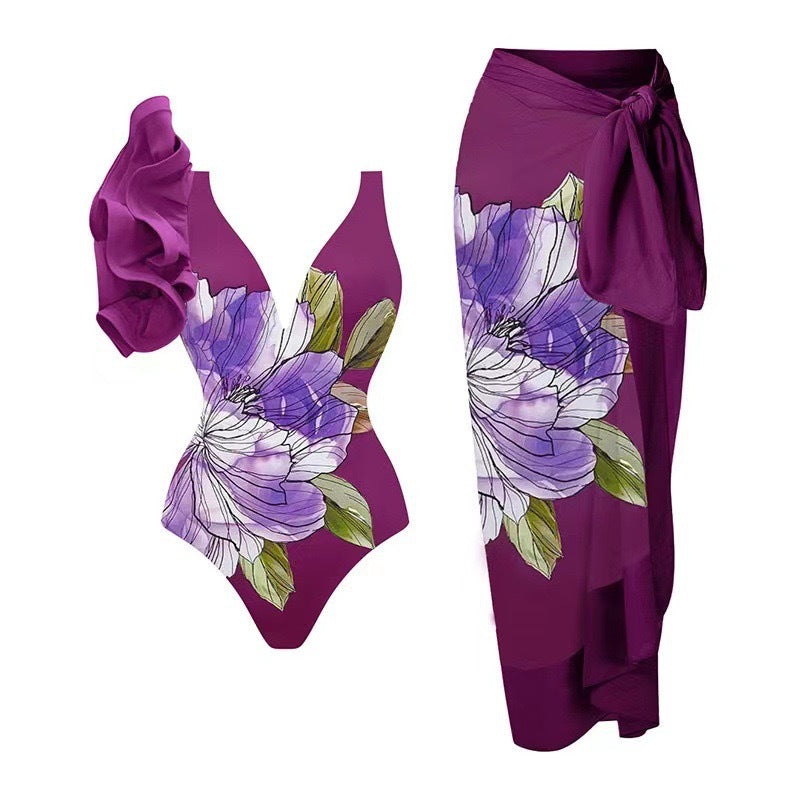 Damen Badeanzug-Set mit floralem Design und elegantem Wickelrock R&B
