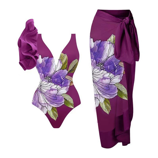 Damen Badeanzug-Set mit floralem Design und elegantem Wickelrock R&B