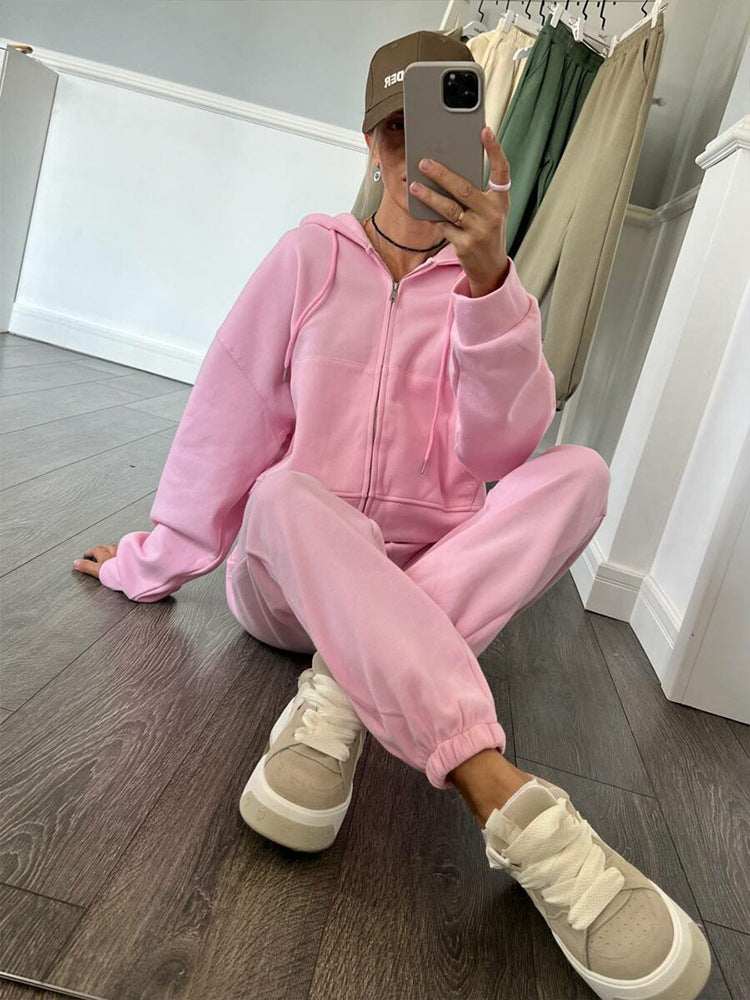 Damen sportliches Fleece-Jogginganzug mit praktischer Kapuze und elastischem Bund R&B