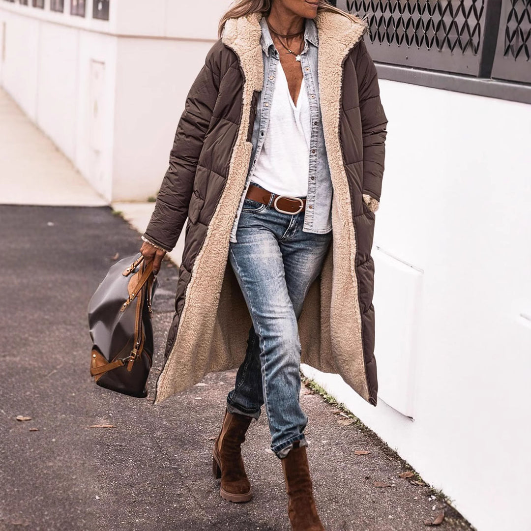Damen lange Steppjacke mit kuscheligem Teddyfutter und großem Revers R&B