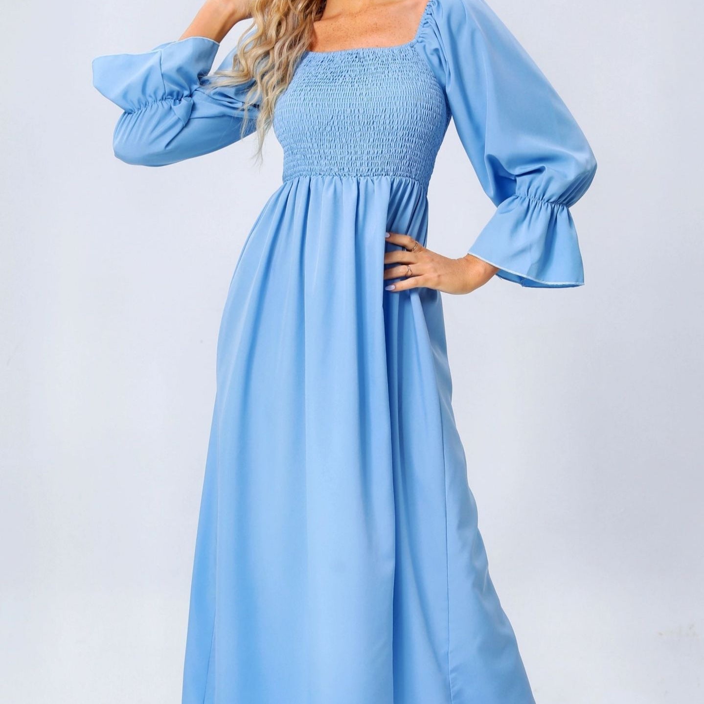 Damen Maxikleid mit elastischem Oberteil und voluminösen Ärmeln R&B