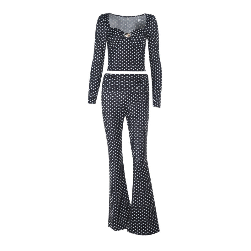 Damen figurbetonter Jumpsuit mit langen Ärmeln und Polka-Dot Muster R&B