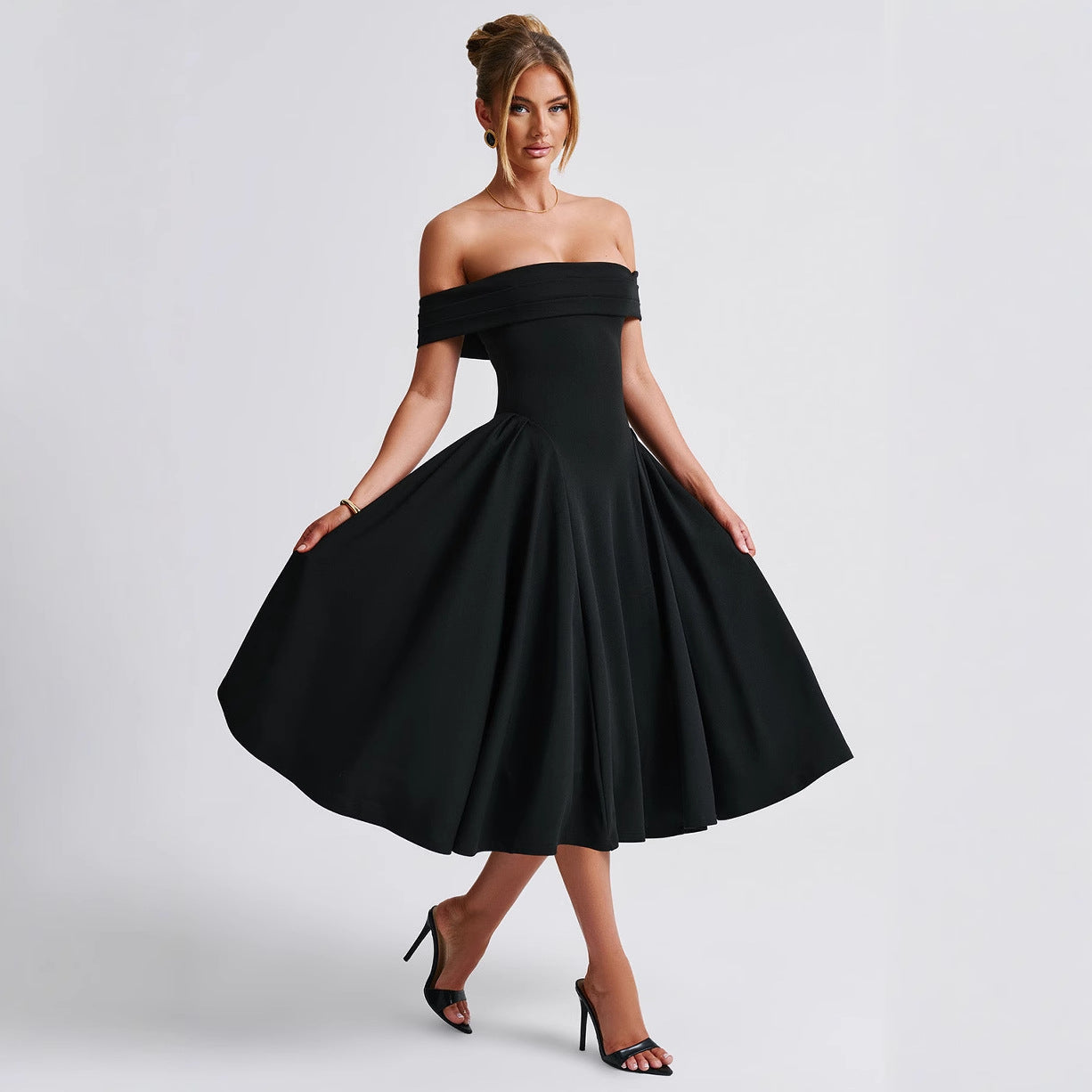 Damen Elegantes Abendkleid mit Schulterfreiem Design und Voluminösem Rock R&B