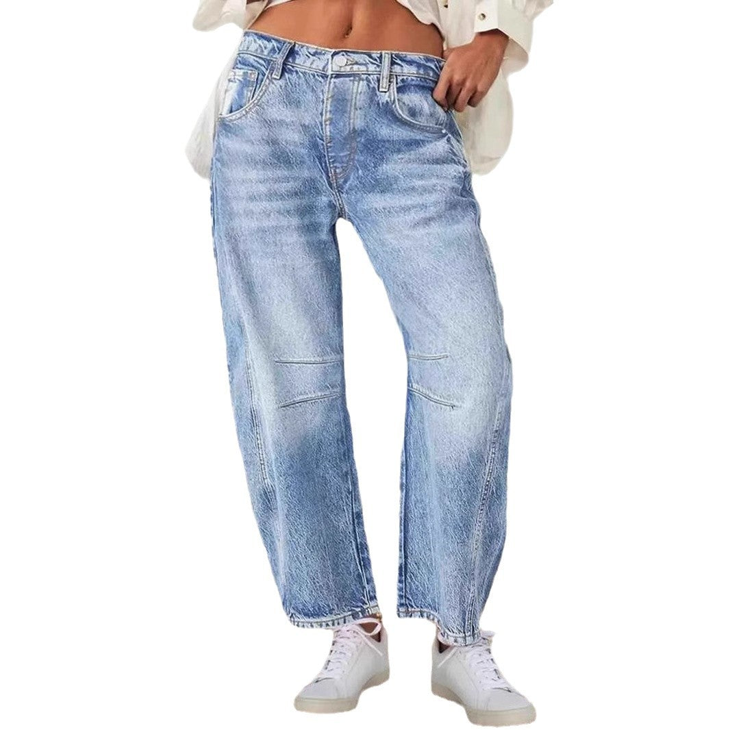 Damen weit geschnittene Denim-Jeans mit hohem Bund und modernen Designdetails R&B