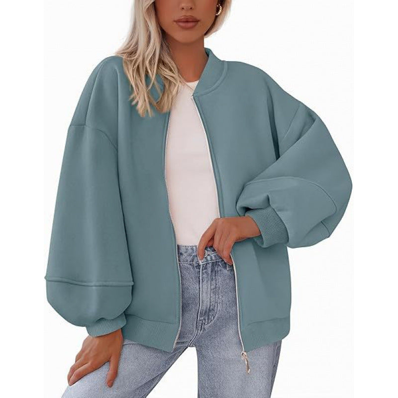 Damen lässige Oversized-Jacke mit Reißverschluss und ballonen Ärmeln R&B