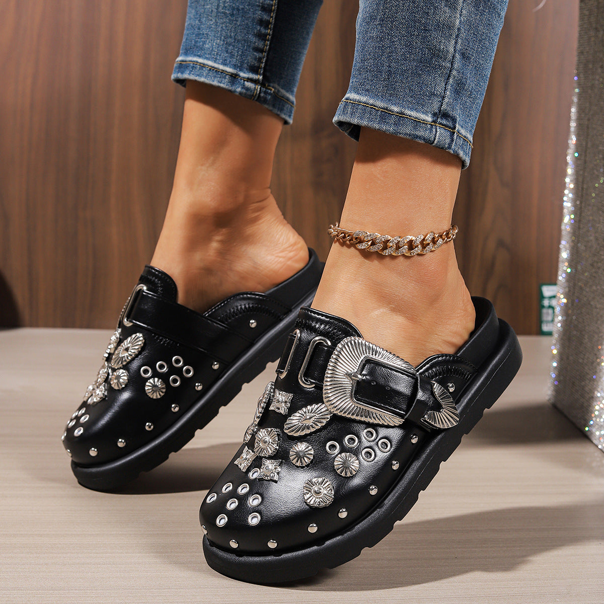 Damen Clogs mit funkelnden Zierteilen und modischem Schnallen-Design R&B