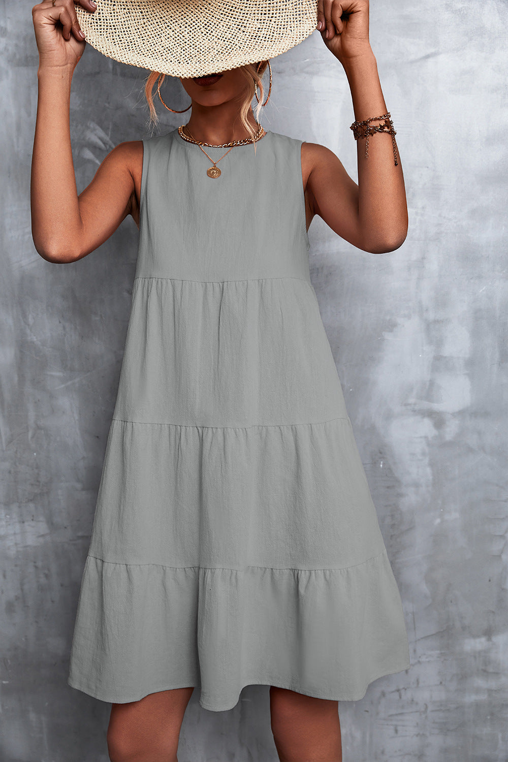 Damen Sommerliches A-Linien Kleid mit voluminösem Rock und ärmellosem Design R&B