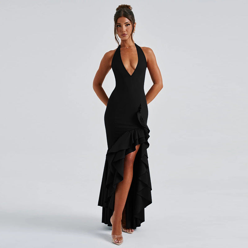 Damen Elegant geschnittenes Abendkleid mit tiefem V-Ausschnitt und Rüschendetails R&B