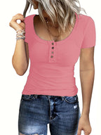 Damen Kurzes T-Shirt mit Knopfdetails und Rippstruktur R&B