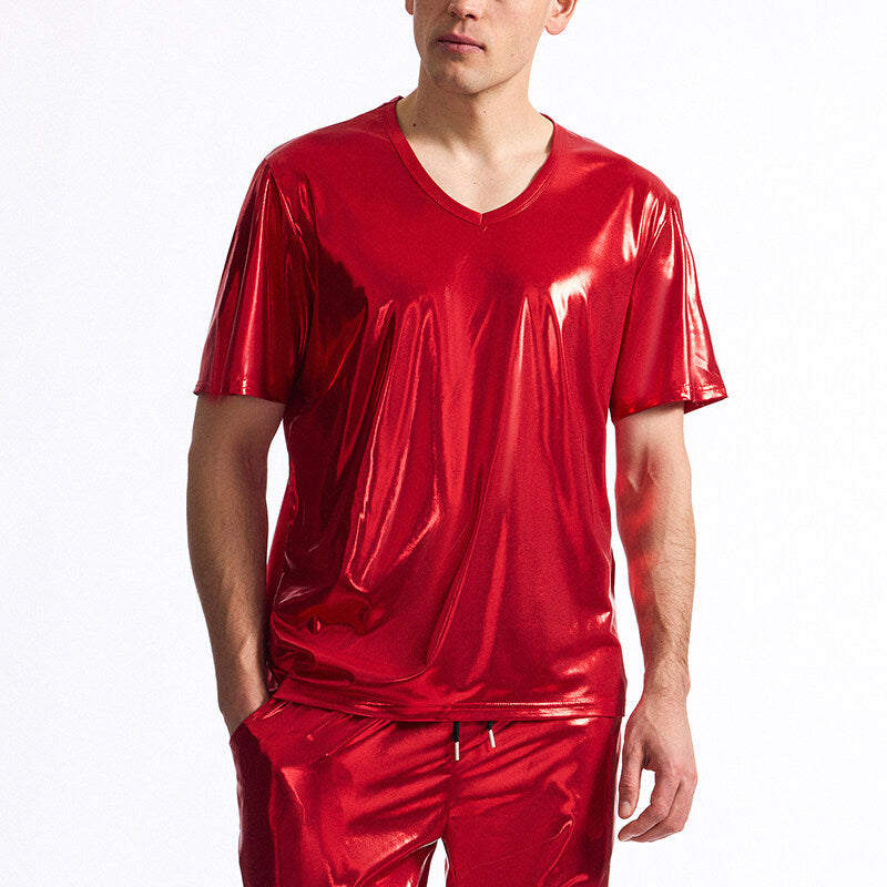 Herren Glänzendes V-Ausschnitt T-Shirt aus hochwertigen Materialien R&B