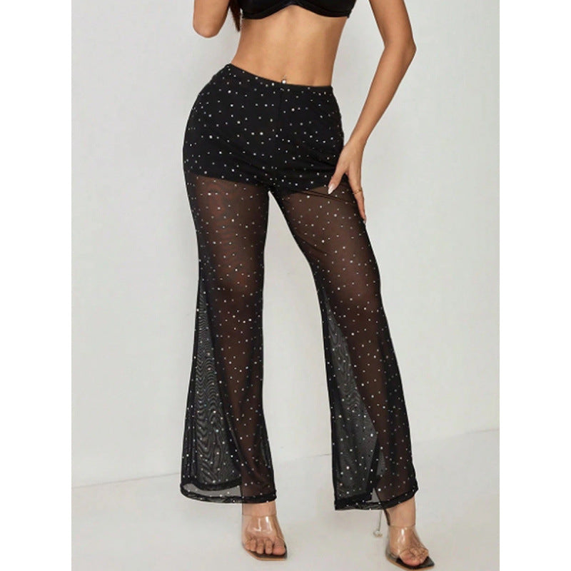 Damen Elegante transparente Palazzo-Hose mit funkelnden Akzenten R&B