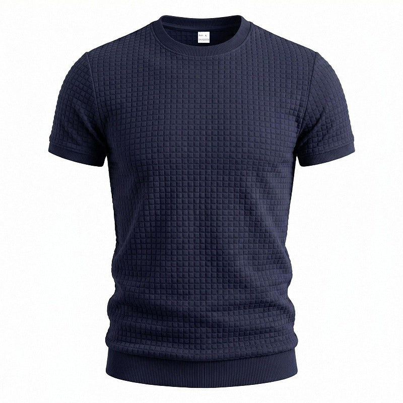 Herren nan kurzärmeliges Strickshirt mit geprägter Karostruktur, Rundhalsausschnitt und geripptem Saum R&B