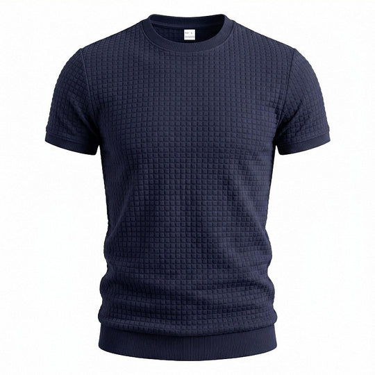 Herren nan kurzärmeliges Strickshirt mit geprägter Karostruktur, Rundhalsausschnitt und geripptem Saum R&B