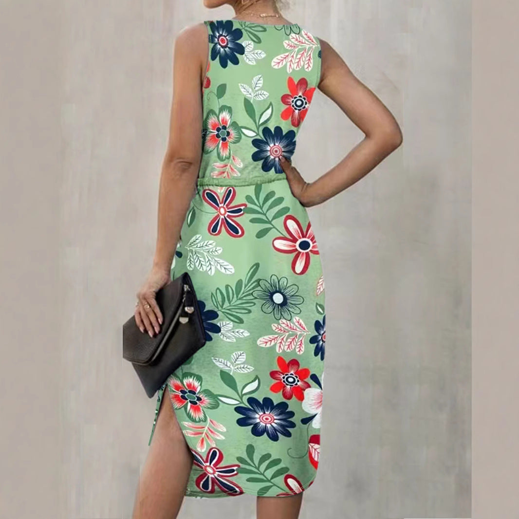 Damen Blumenmaxikleid mit elastischem Taillenkordelzug und seitlichem Schlitz R&B