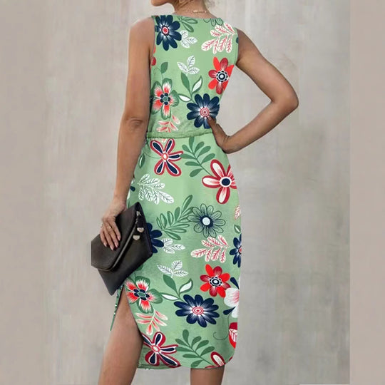 Damen Blumenmaxikleid mit elastischem Taillenkordelzug und seitlichem Schlitz R&B