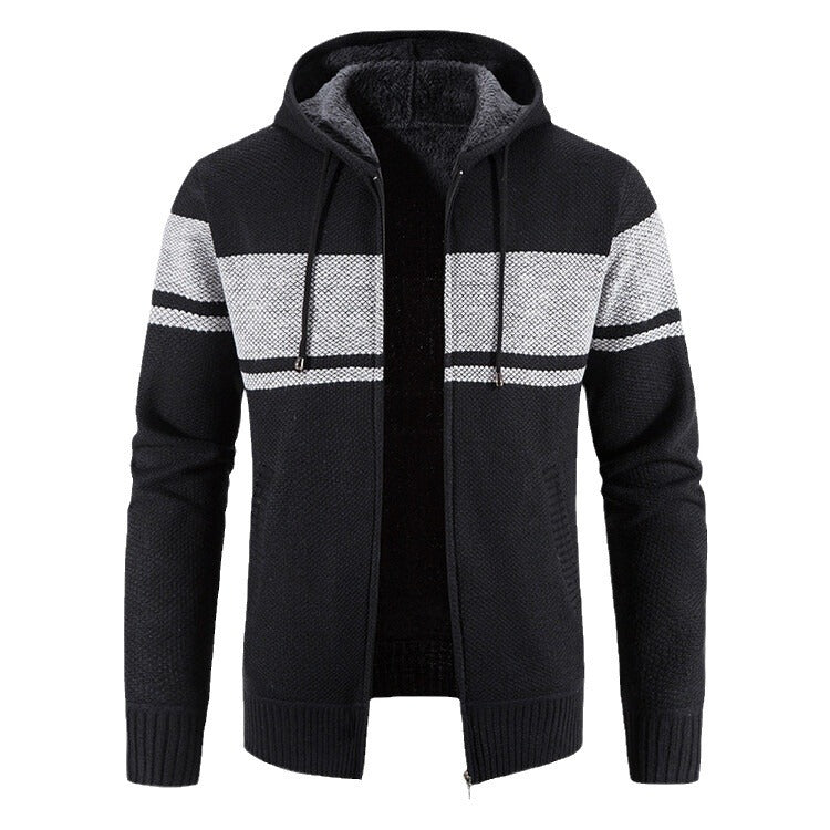 Herren Strickjacke mit Kapuze und kontrastierendem Streifenmuster R&B