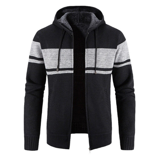 Herren Strickjacke mit Kapuze und kontrastierendem Streifenmuster R&B