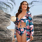 Damen Bikini-Set mit floralem Wickeloberteil und eleganter Strandjacke R&B