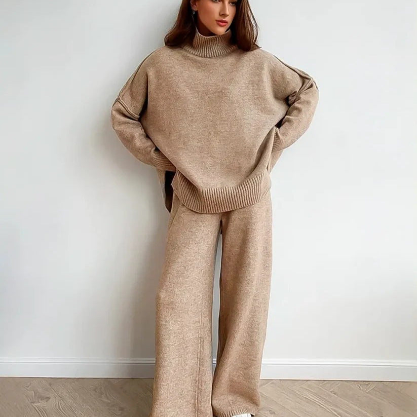 Damen Gemütliches Strickensemble mit hohem Kragen und weit geschnittenen Hosen R&B