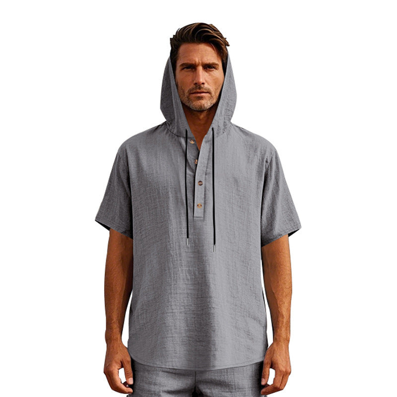 R&B | Leinen-Knopf-Strand-Kapuzen-Henley-Shirt