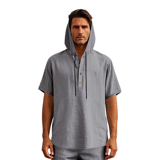 R&B | Leinen-Knopf-Strand-Kapuzen-Henley-Shirt