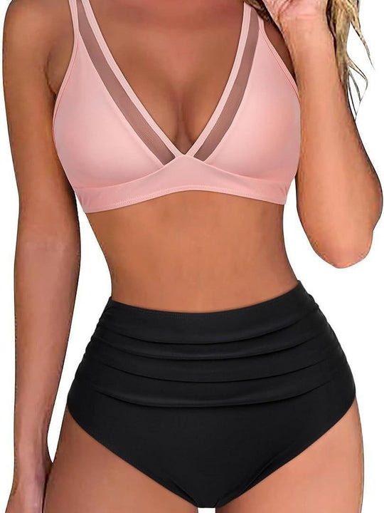 Damen Hoch tailliertes Bikini-Set mit Leopardenmuster und transparenten Einsätzen R&B