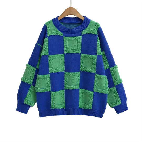 Damen modischer Strickpullover mit grafischem Blockmuster R&B