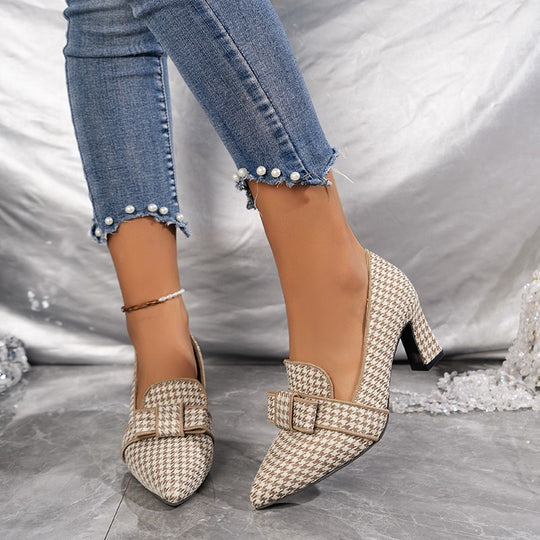 Damen elegante Slingback-Pumps mit dekorativem Karomuster und komfortablem Blockabsatz R&B