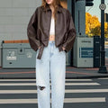 Damen Oversized Kunstlederjacke mit flauen Schultern und praktischen Druckknöpfen R&B