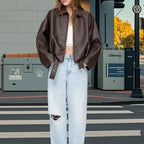 Damen Oversized Kunstlederjacke mit flauen Schultern und praktischen Druckknöpfen R&B