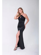 Damen elegantes Maxikleid mit tiefem Schlitz und innovativem Trägerdesign R&B