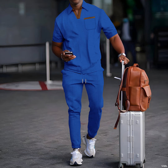 Herren nan lässiges Freizeitset aus elastischem Jersey mit V-Ausschnitt Brusttasche und Kordelbund R&B
