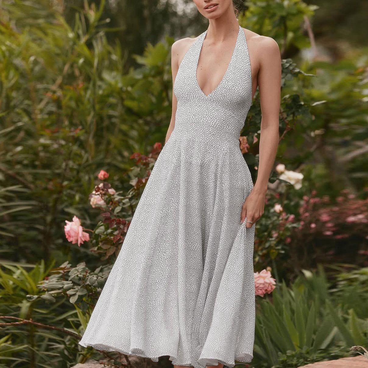Damen Langärmeliges Maxikleid mit tiefem V-Ausschnitt und sportlichem Halter R&B