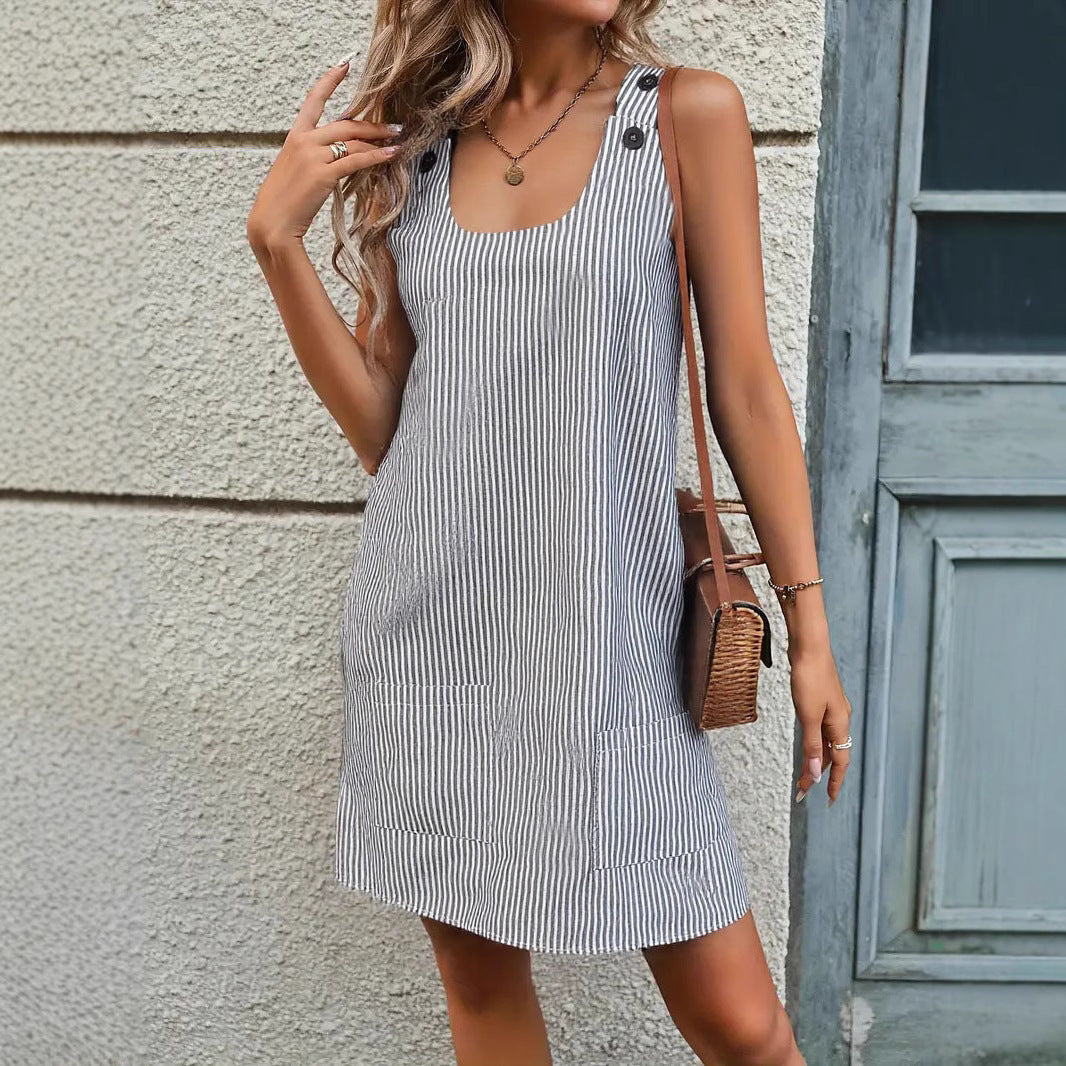 Damen lässiges Trägerkleid mit Taschen und Knopfdetails R&B