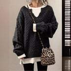Damen Grobstrickpullover mit V-Ausschnitt und modischem Zopfdesign R&B