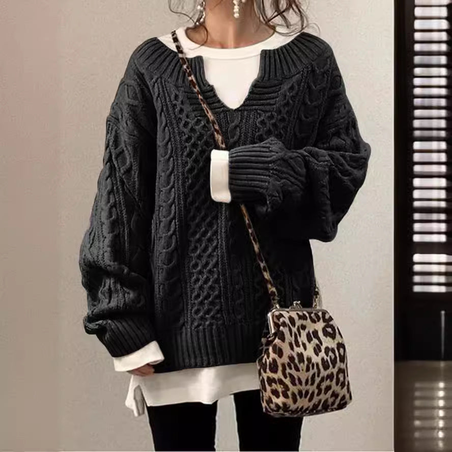 Damen Grobstrickpullover mit V-Ausschnitt und modischem Zopfdesign R&B