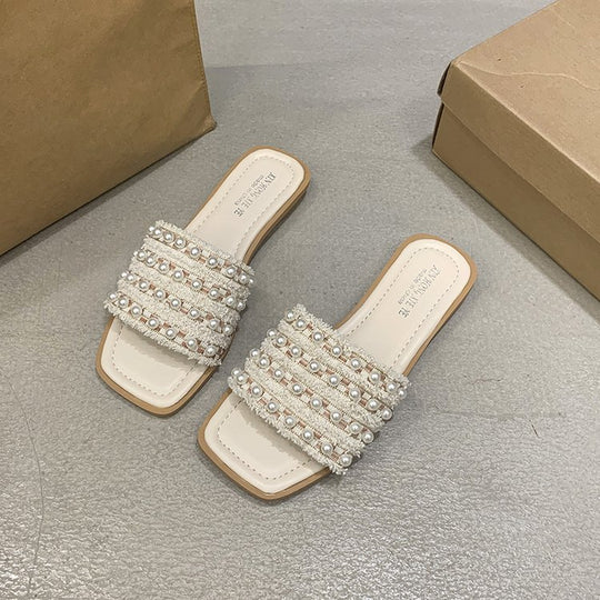Damen elegante flache Pantoletten mit zierlichen Perlenakzenten R&B