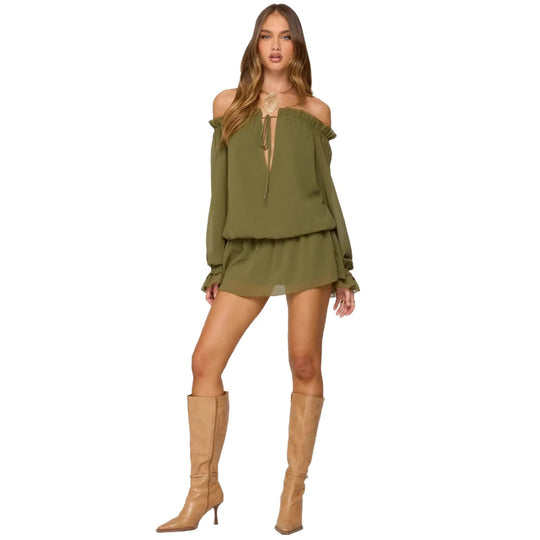 Damen Off-Shoulder Kleid mit voluminösen Puffärmeln und Rüschensaum R&B