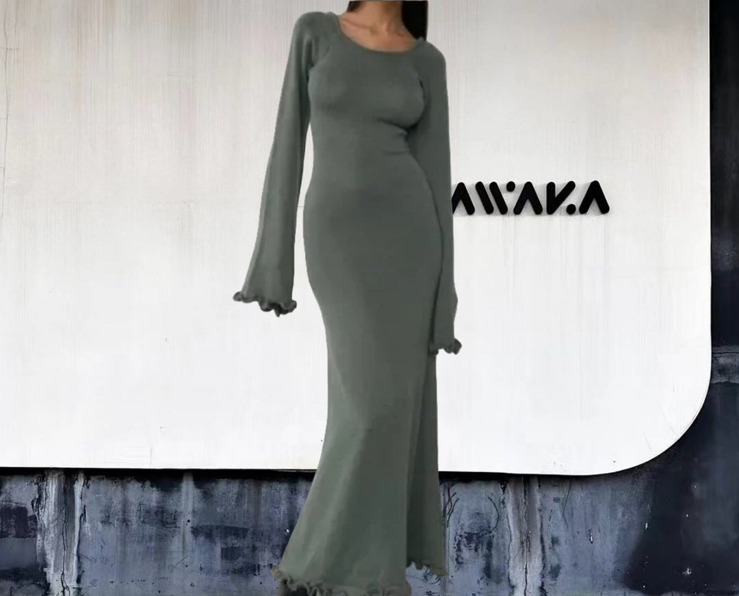 Damen Elegantes Maxikleid mit raffiniertem Rippdesign und fransigen Ärmeln R&B