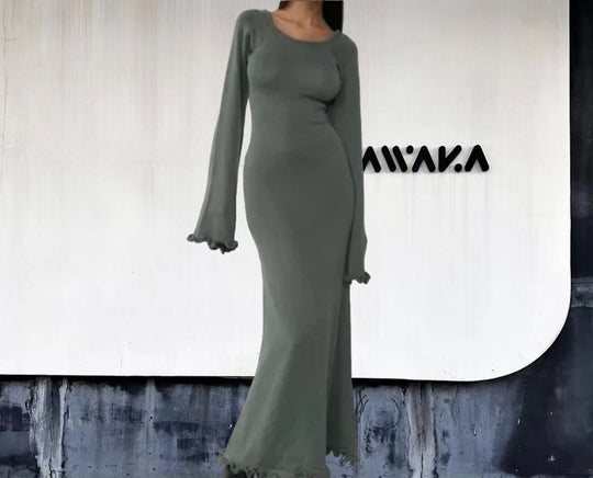 Damen Elegantes Maxikleid mit raffiniertem Rippdesign und fransigen Ärmeln R&B