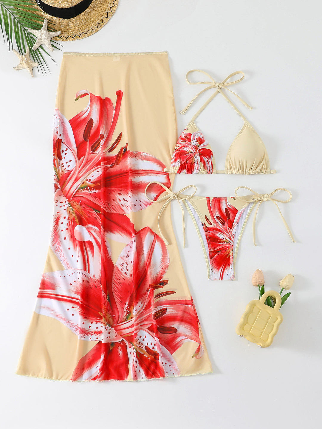 Damen Strandkleid mit blühendem Bikini-Set R&B