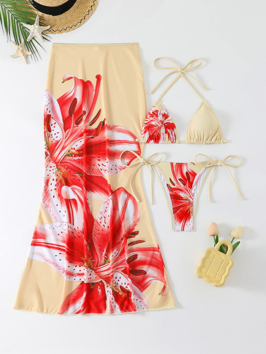 Damen Strandkleid mit blühendem Bikini-Set R&B