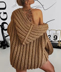 Damen Grobstrick-Hoodiejacke mit oversized Passform und tiefem Kragen R&B